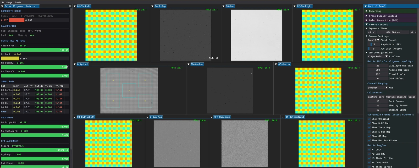 Polar alignment metrics software showing QC regions and maps