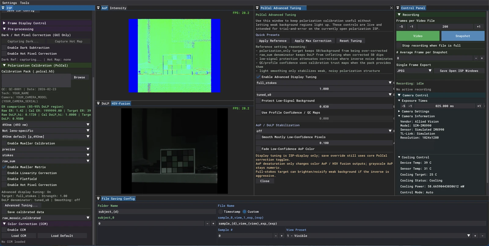 Polarization ISP software showing calibration and display tuning